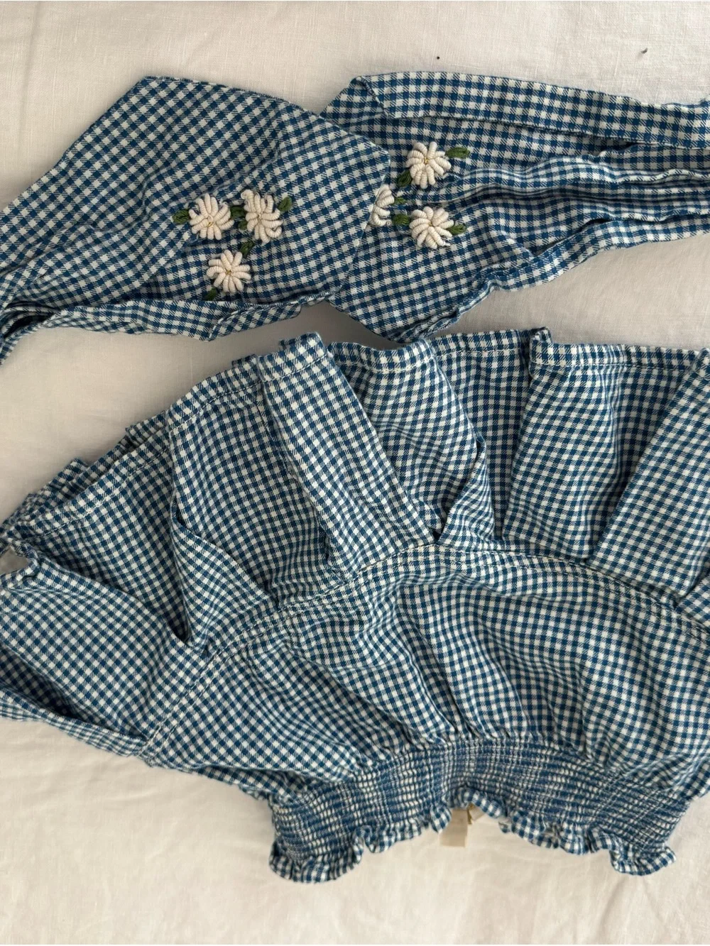 Blue Gingham Tie-Front Skirt with Daisy Embroidery